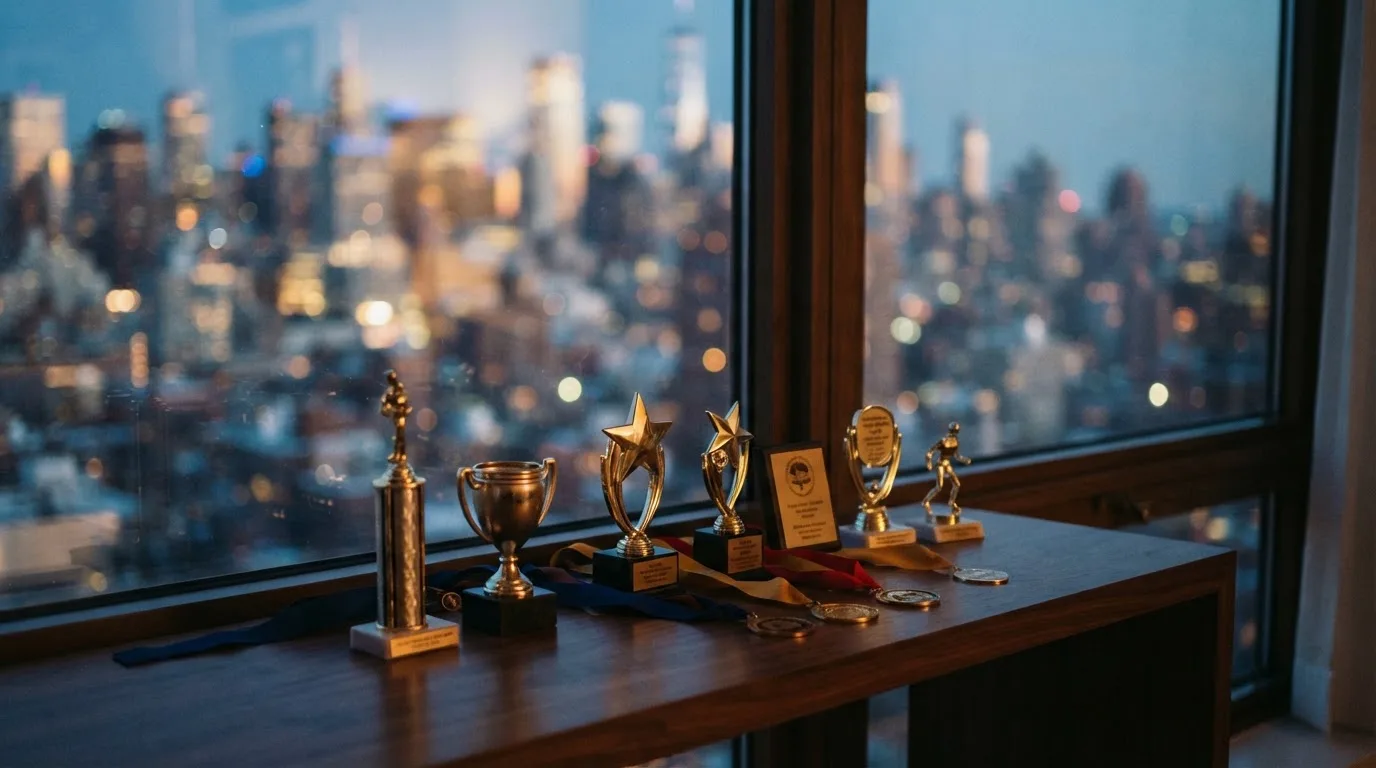 Mehrere unscharfe Trophäen stehen vor einem großen Fenster mit Blick auf eine Stadt.